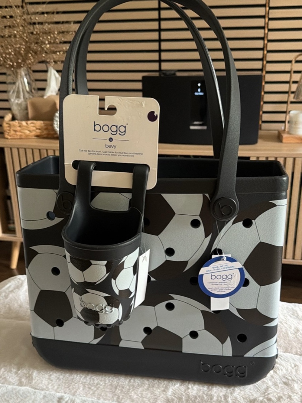 Bogg Soccer Print Tote Bag with Cup Holder  - Black & White